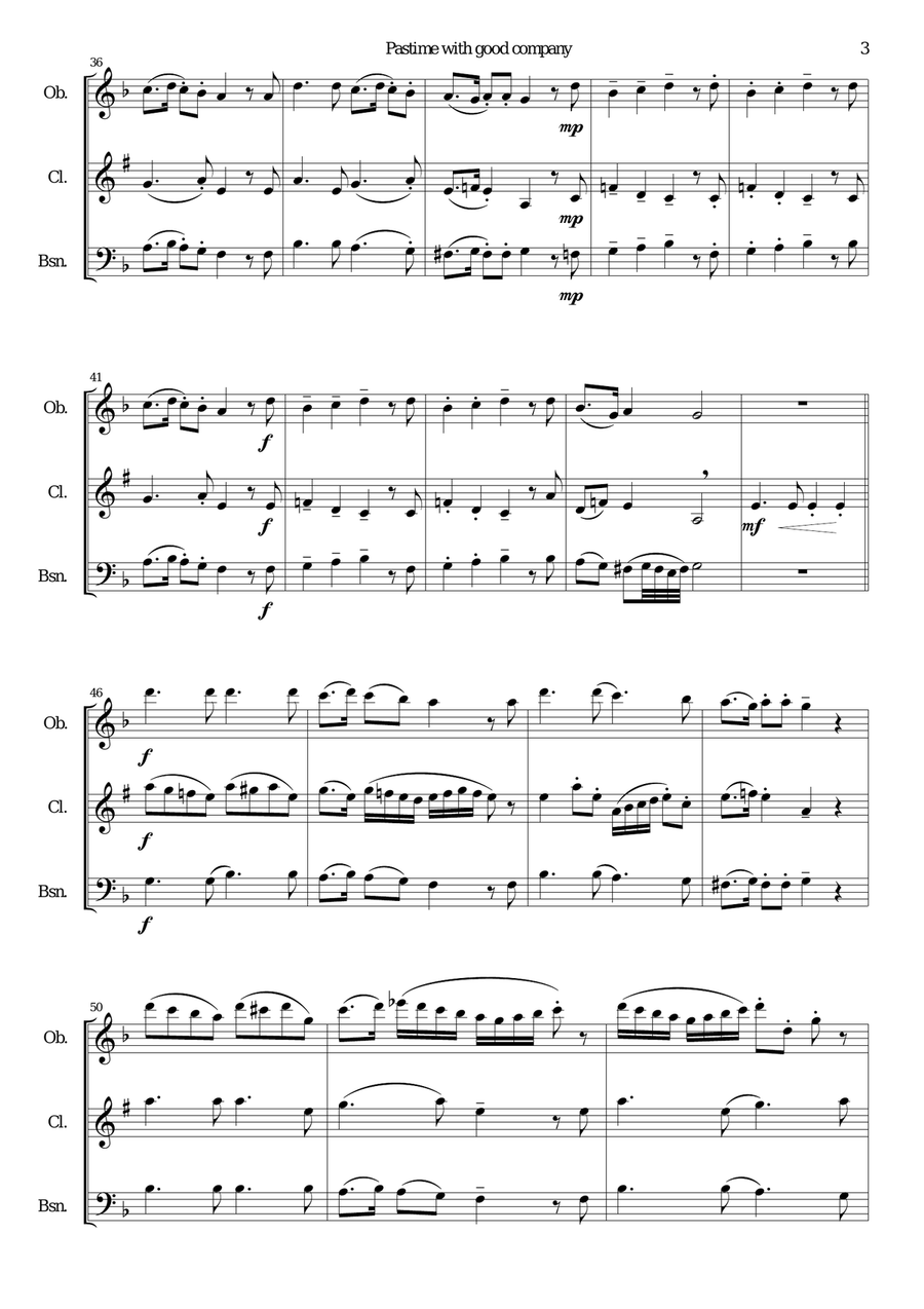 Pastime with good company for wind trio (oboe, clarinet, bassoon) Pastime with good company for wind trio (oboe, clarinet, bassoon) Woodwind Trio scores gallery preview page 3
