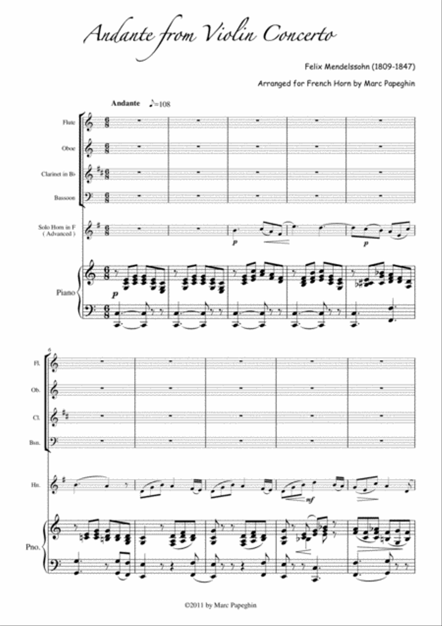Andante from Mendelssohn’s Violin Concerto // Piano Sextet (with solo French Horn) Chamber Orchestra scores gallery preview page 1