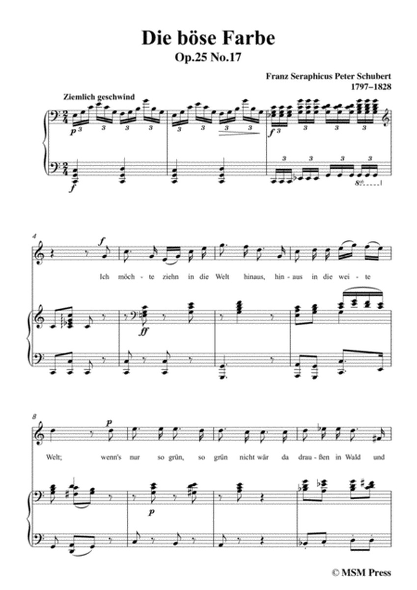Schubert-Die böse Farbe,from 'Die Schöne Müllerin',Op.25 No.17,in C Major,for Voice&Piano image number null
