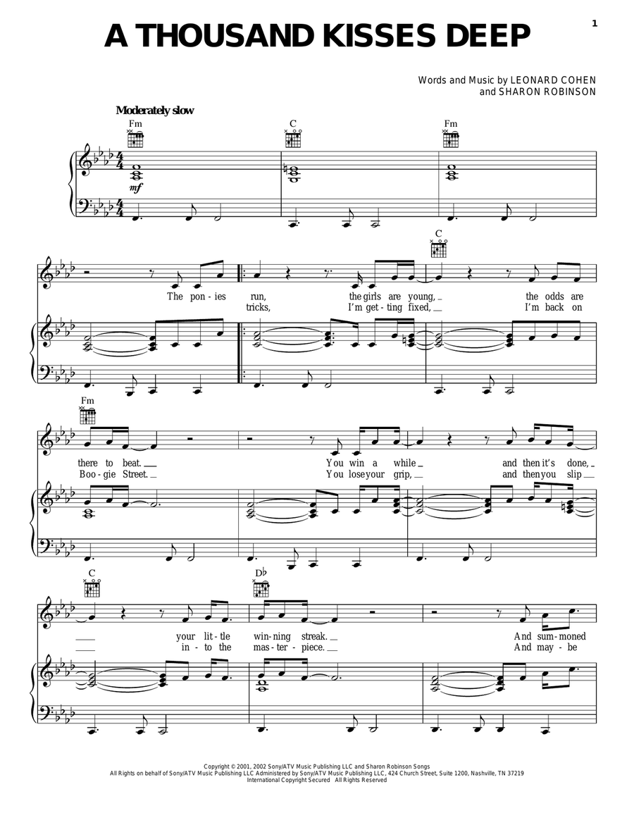 A Thousand Kisses Deep Piano, Vocal, Guitar scores gallery preview page 1