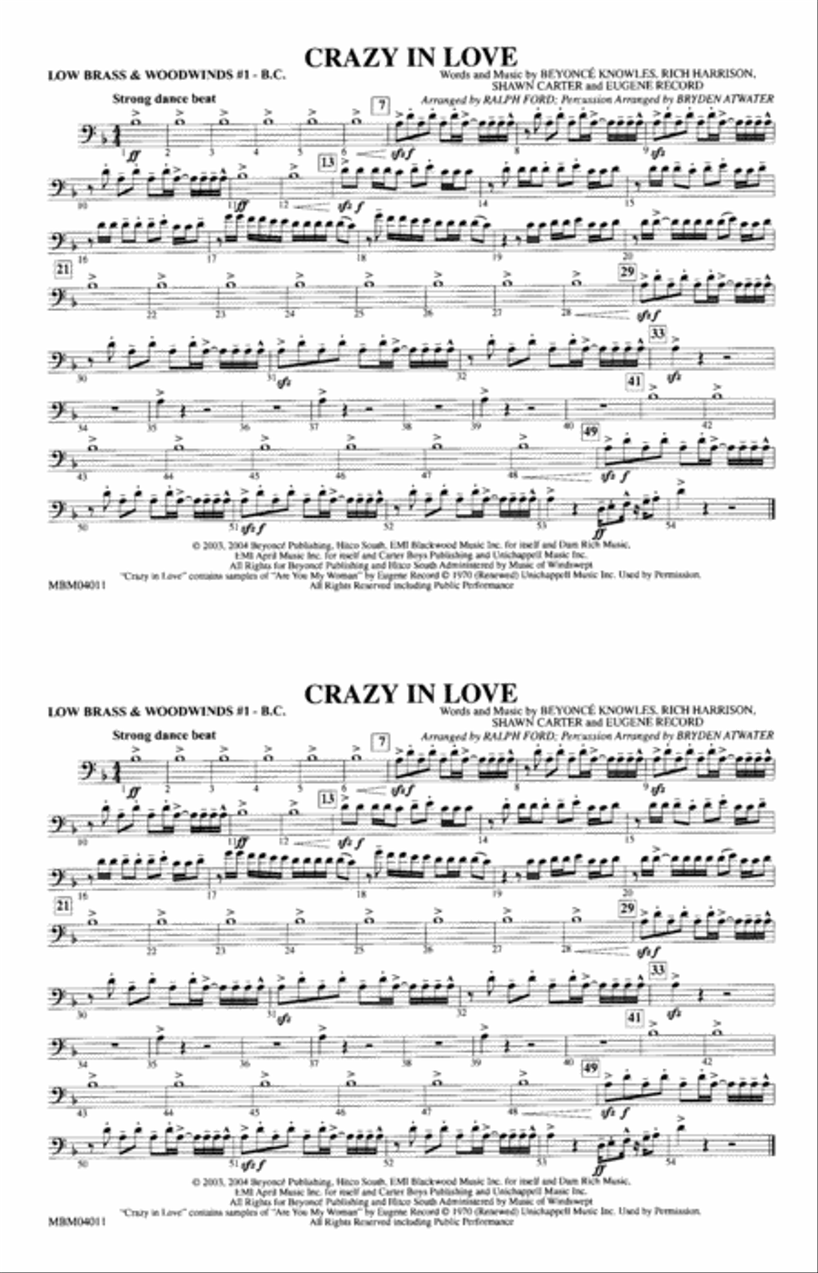 Crazy in Love: Low Brass & Woodwinds #1 - Bass Clef Marching Band scores gallery preview page 1