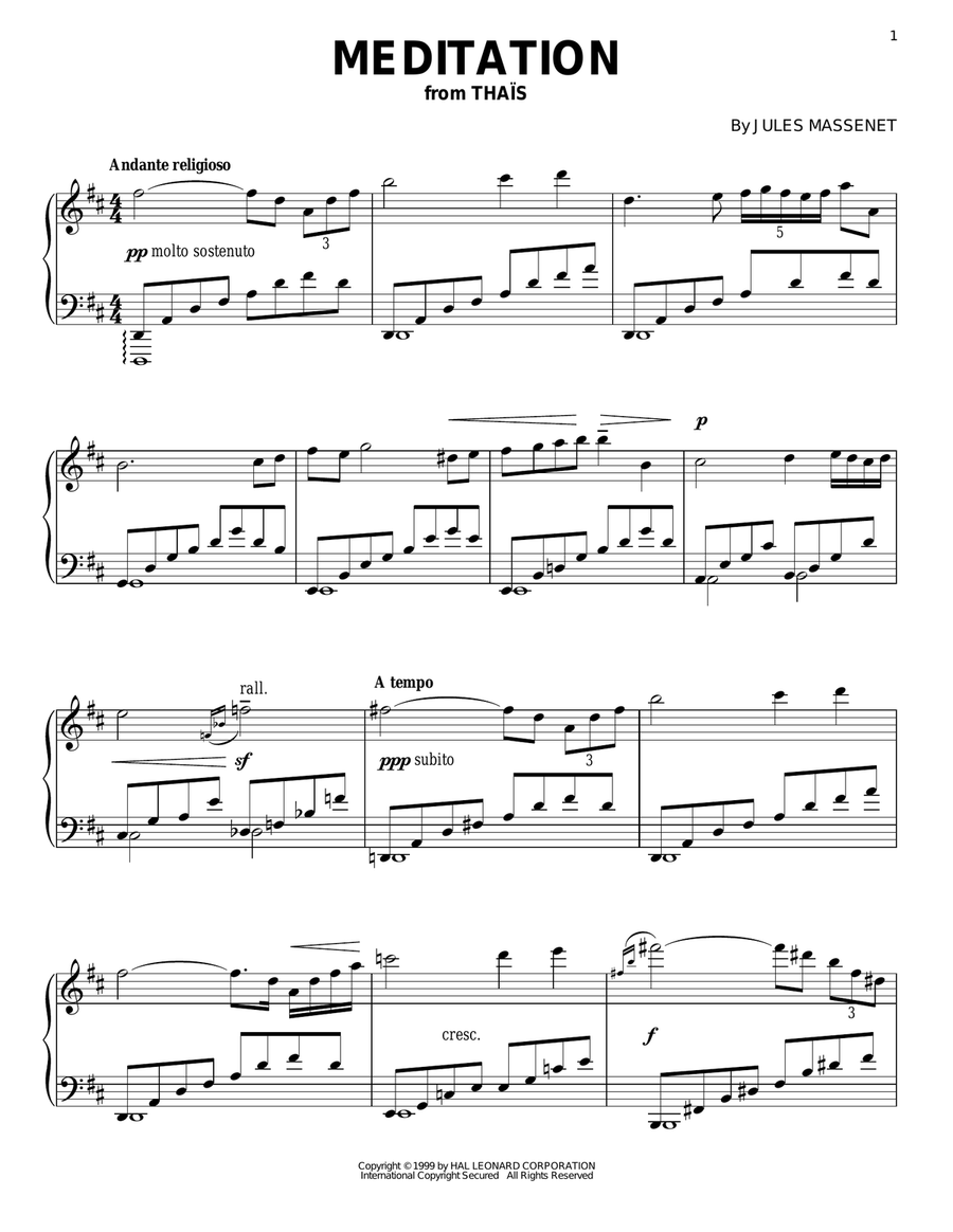 Meditation by Jules Massenet Piano Solo - Digital Sheet Music