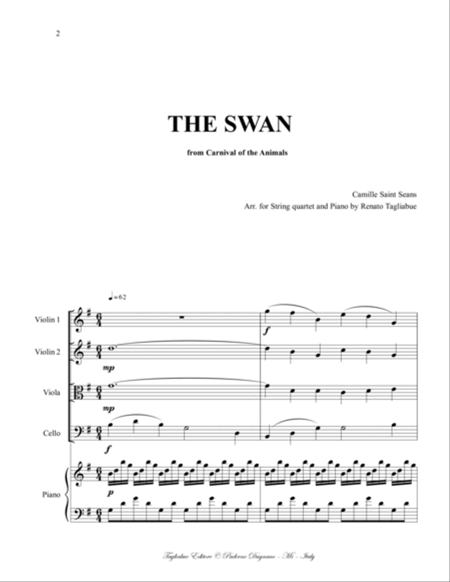 THE SWAN (LE CYGNE) - C. Saint Saens - Arr. for String quartet and Piano image number null