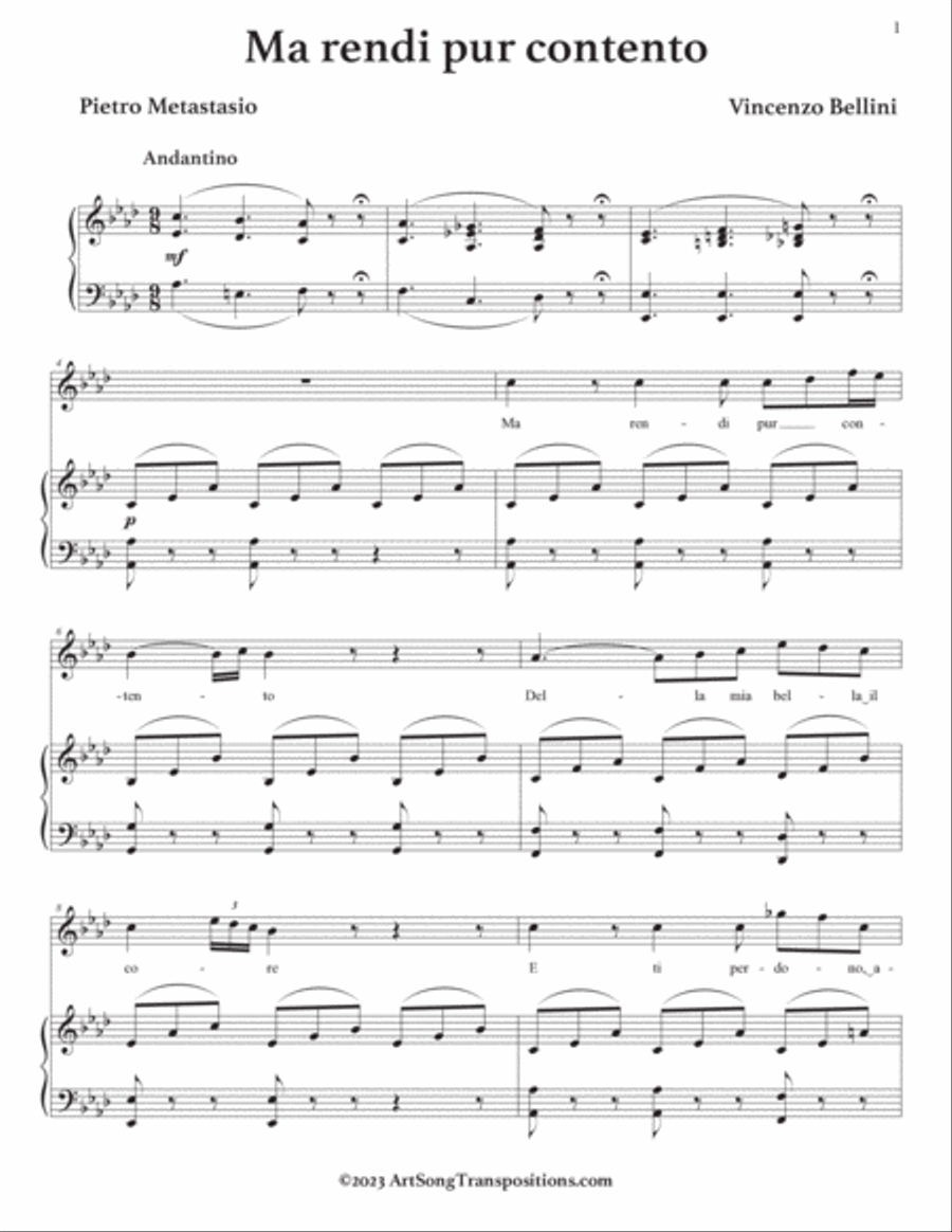 BELLINI: Ma rendi pur contento (transposed to 8 keys: A, A-flat, G, F-sharp, F, E, E-flat, D major) Voice scores gallery preview page 6