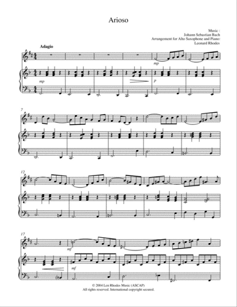 Bach - Arioso, for Alto Saxophone and Piano Alto Saxophone scores gallery preview page 1