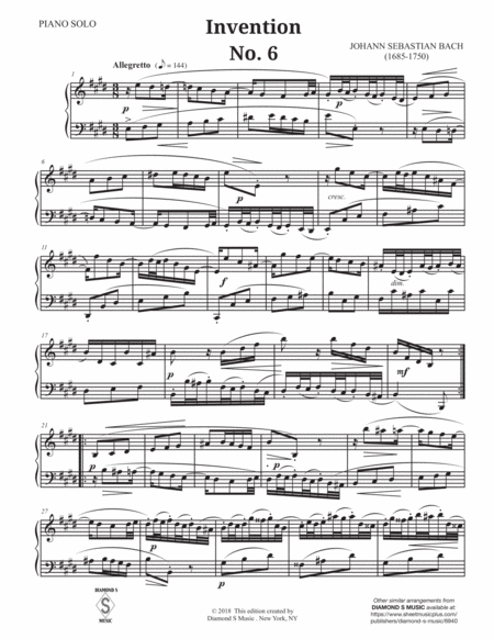 2-Part Invention No. 6 in E major by J.S. BACH, BWV 777 for Solo Piano image number null