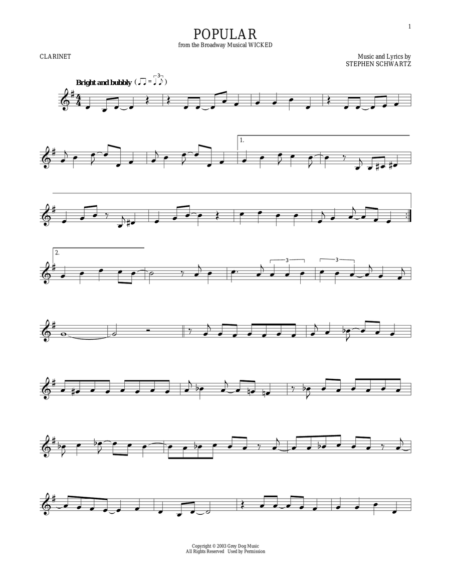 Popular (from Wicked) Clarinet Solo scores gallery preview page 1