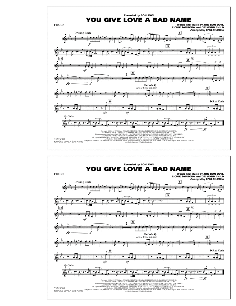 You Give Love a Bad Name - F Horn Marching Band scores gallery preview page 1