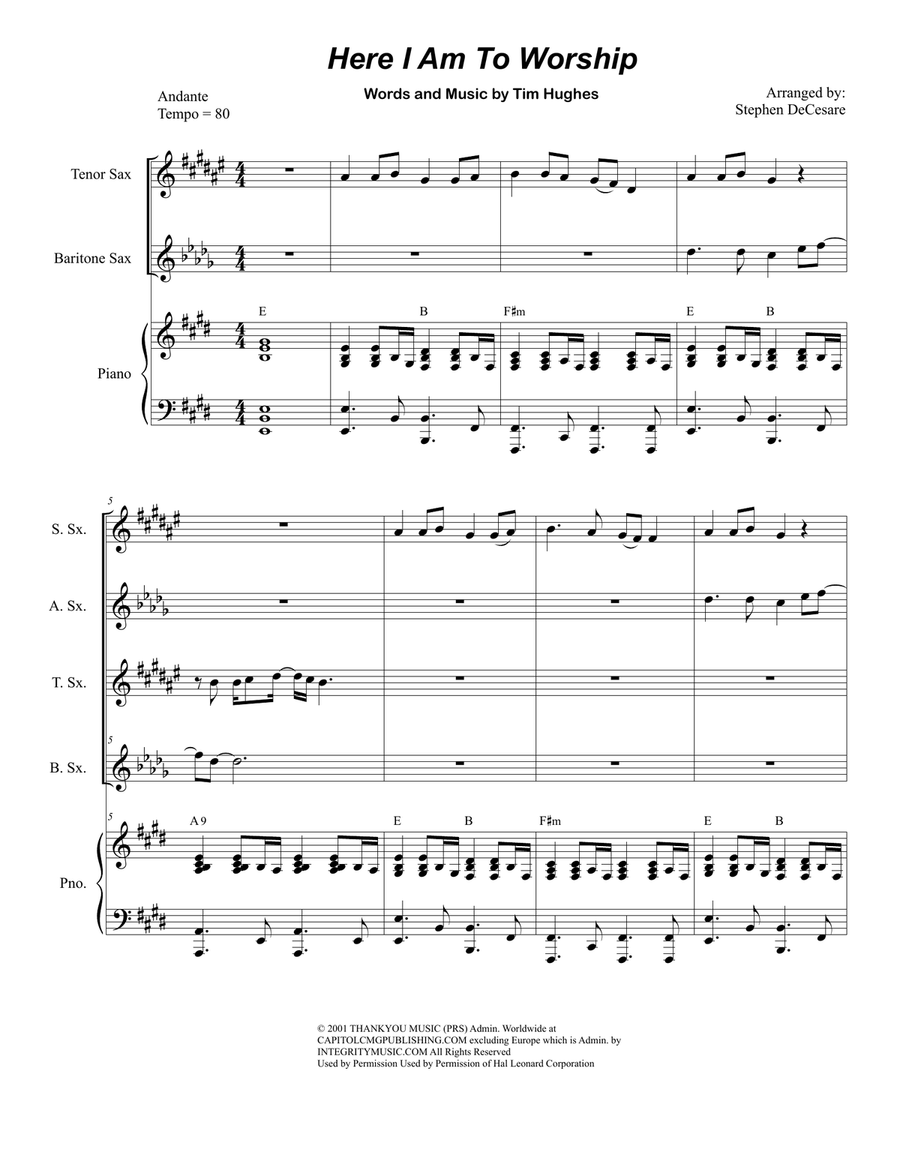 Here I Am To Worship Saxophone Quartet scores gallery preview page 1