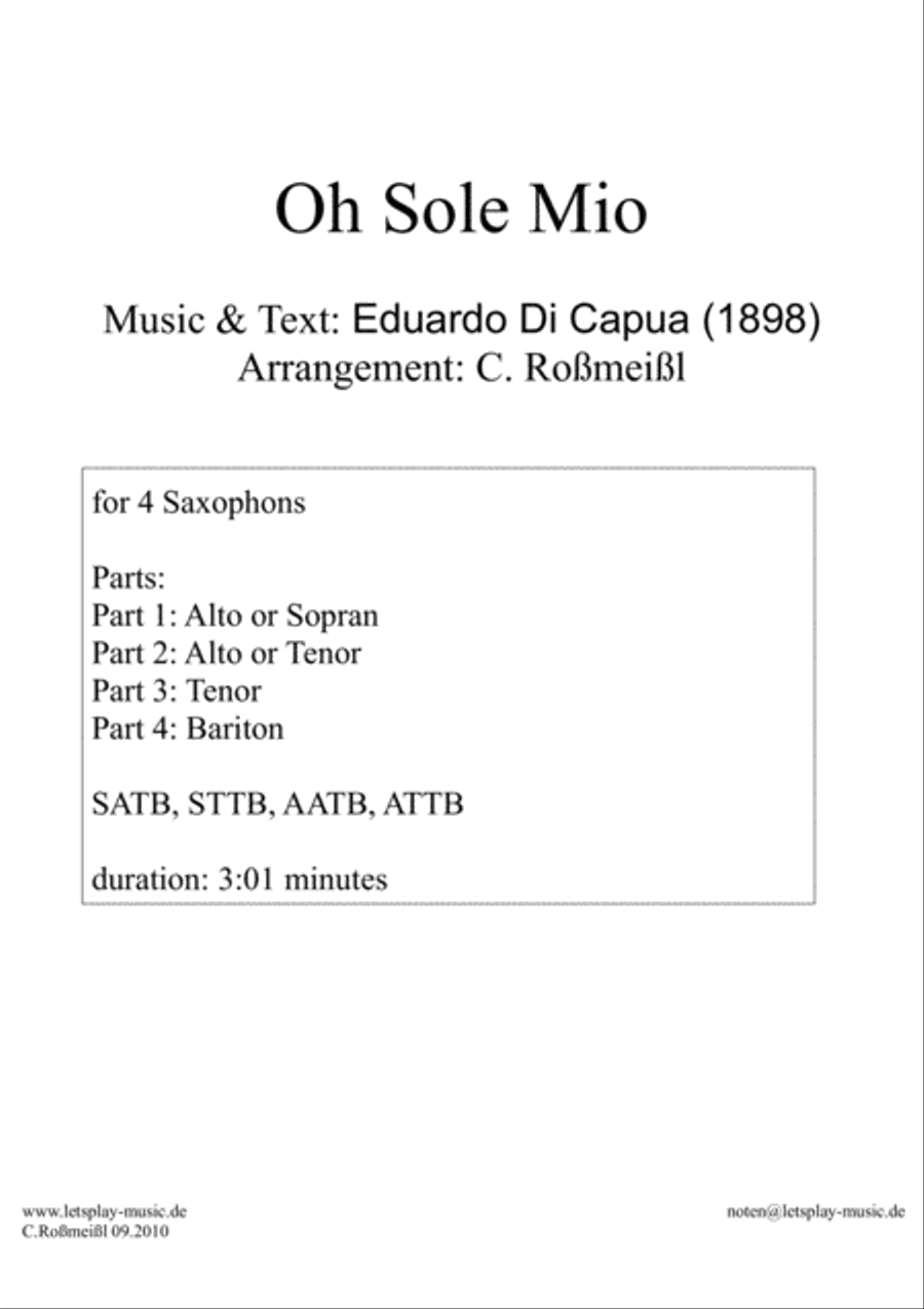 Oh Sole Mio for 4 Saxophones Saxophonquartet Saxophone Quartet - Digital Sheet Music