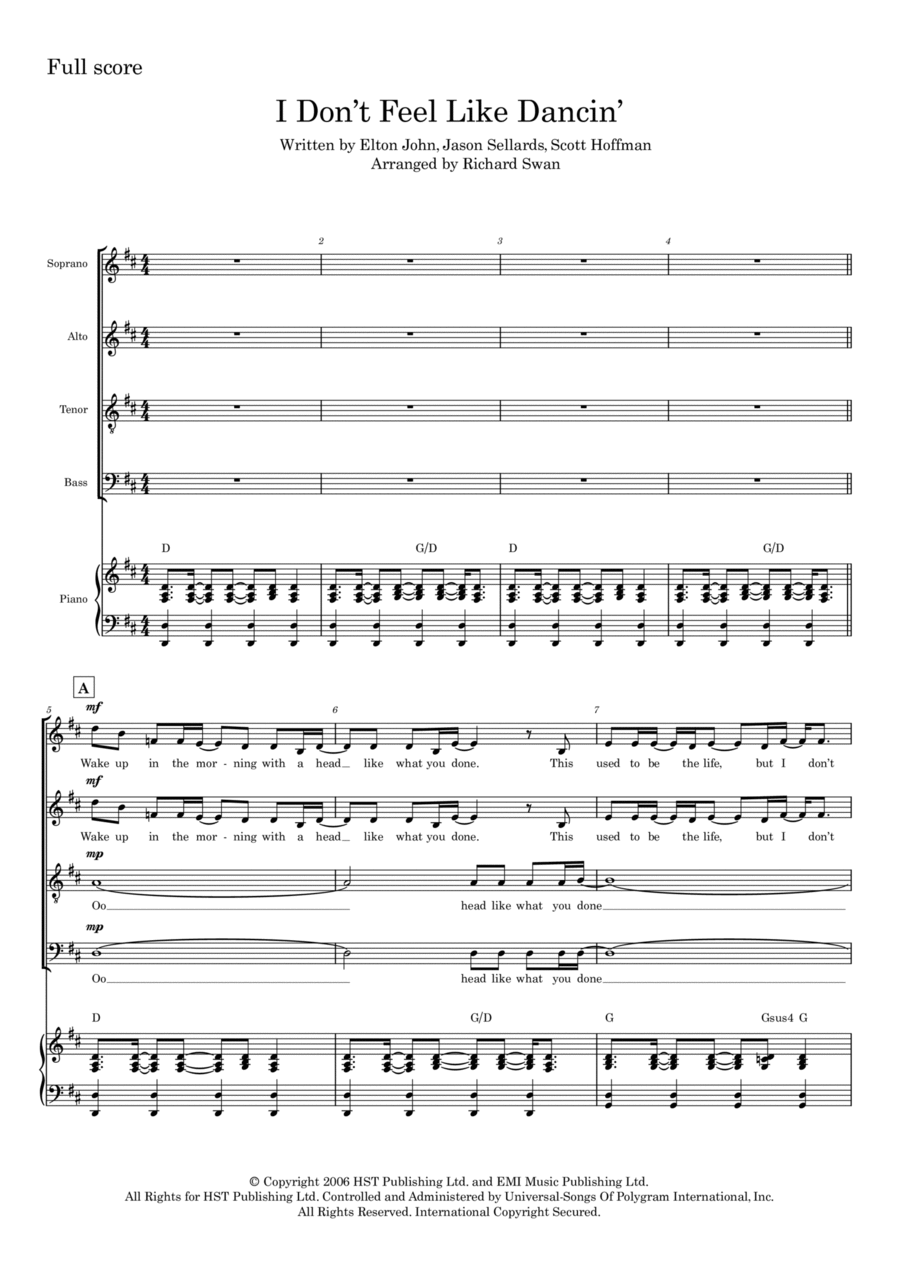 I Don't Feel Like Dancin' 4-Part scores gallery preview page 1