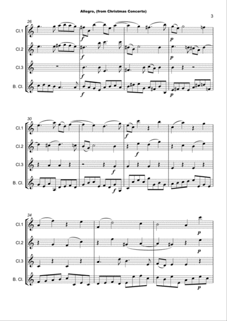 Christmas Concerto, Allegro, by Corelli; for Clarinet Quartet or Choir Clarinet Quartet scores gallery preview page 4