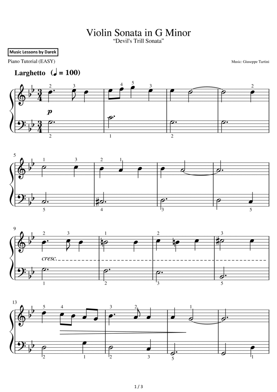 Violin Sonata in G Minor (EASY PIANO) “Devil's Trill Sonata” [Giuseppe Tartini] Violin scores gallery preview page 1