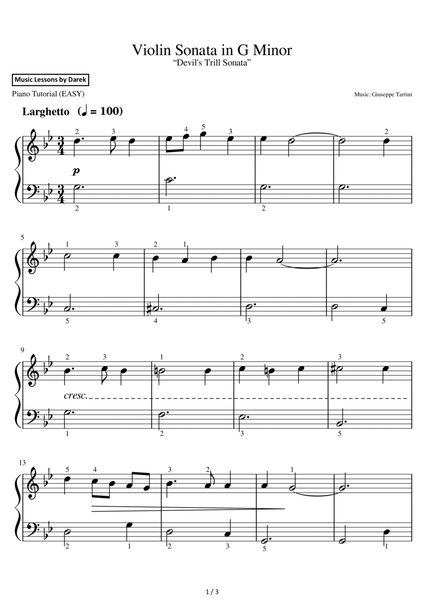 Violin Sonata in G Minor (EASY PIANO) “Devil's Trill Sonata” [Giuseppe Tartini] image number null