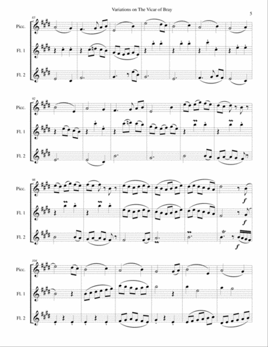 Variations on the Vicar of Bray for flute trio (piccolo and 2 flutes) Flute Trio scores gallery preview page 5