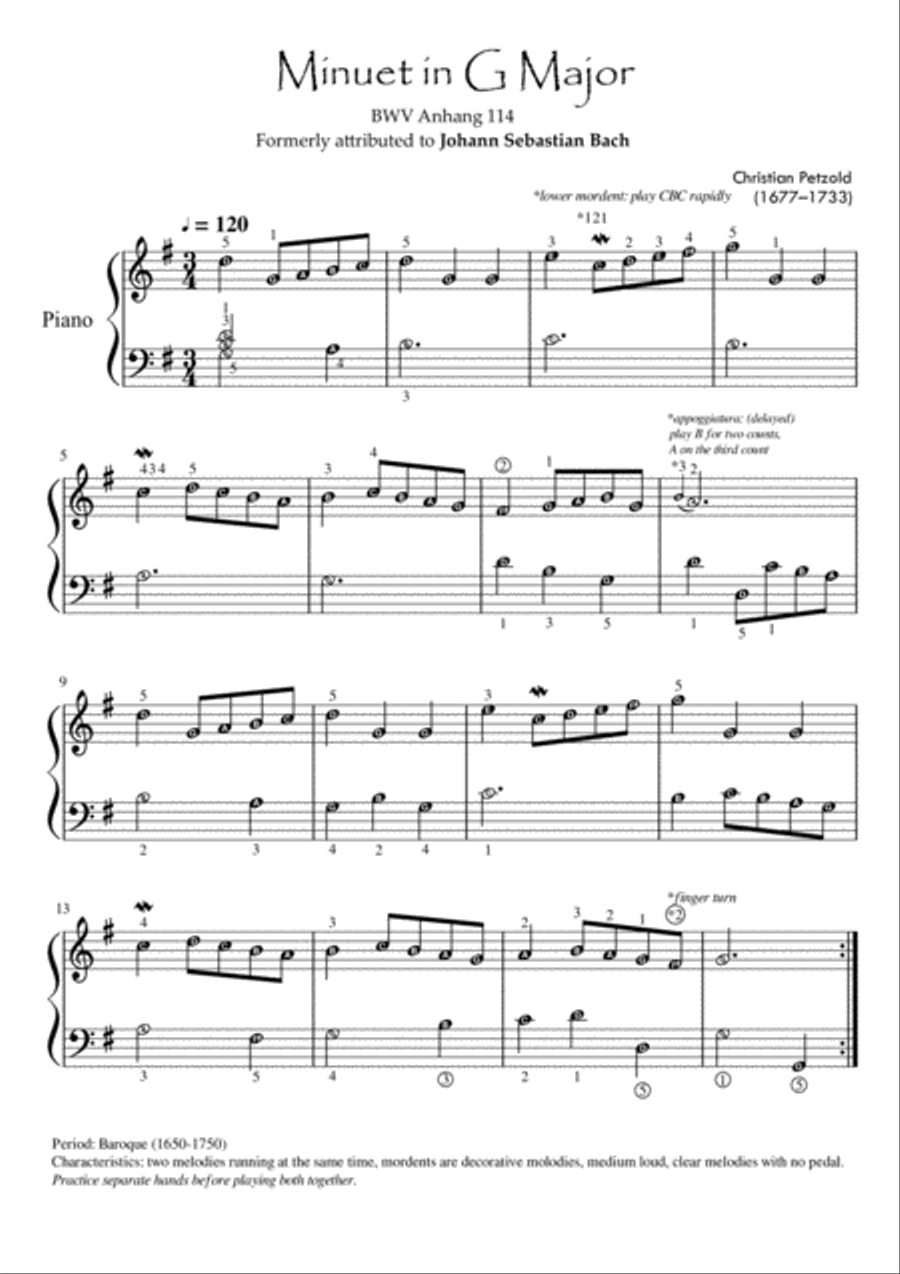 Minuet in G major (Bach) with note names, finger numbers and general information Voice scores gallery preview page 1