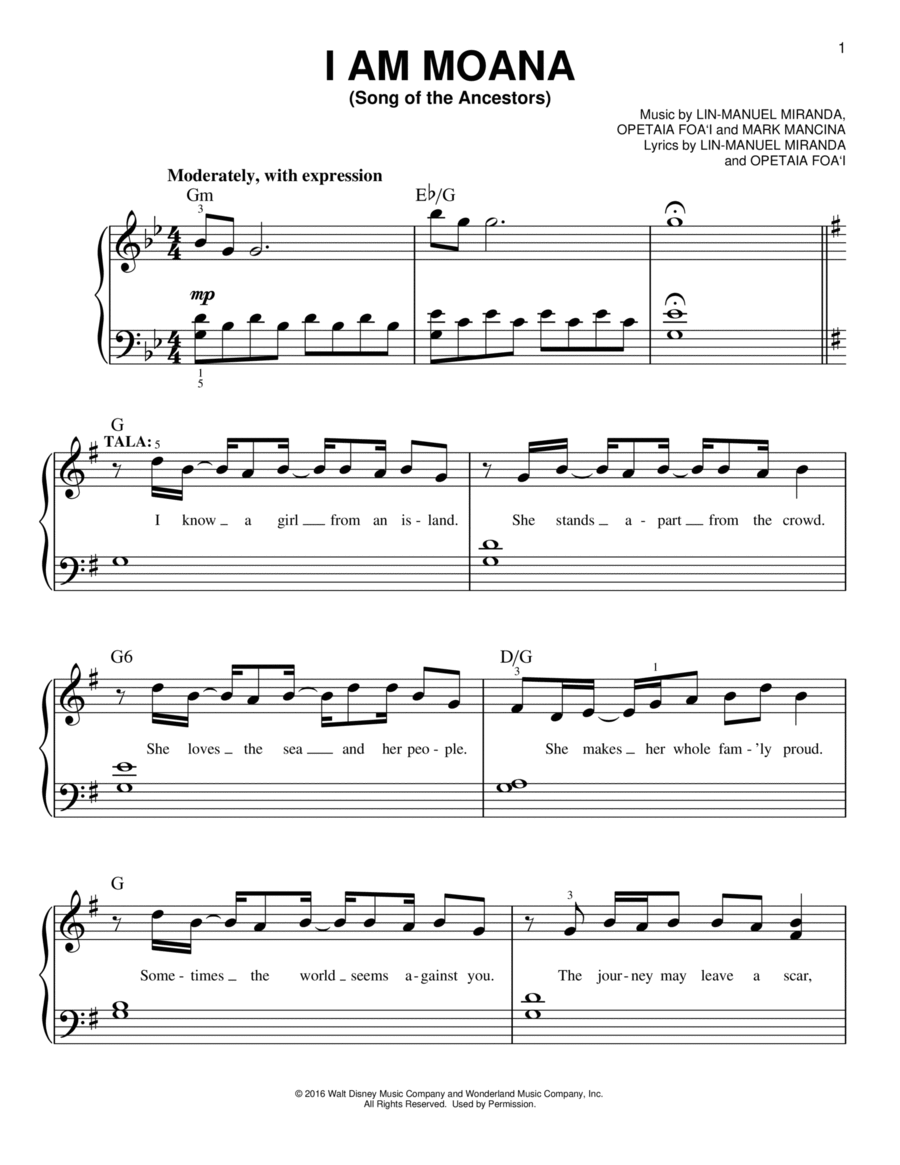 I Am Moana (Song Of The Ancestors) (from Moana) Easy Piano scores gallery preview page 1