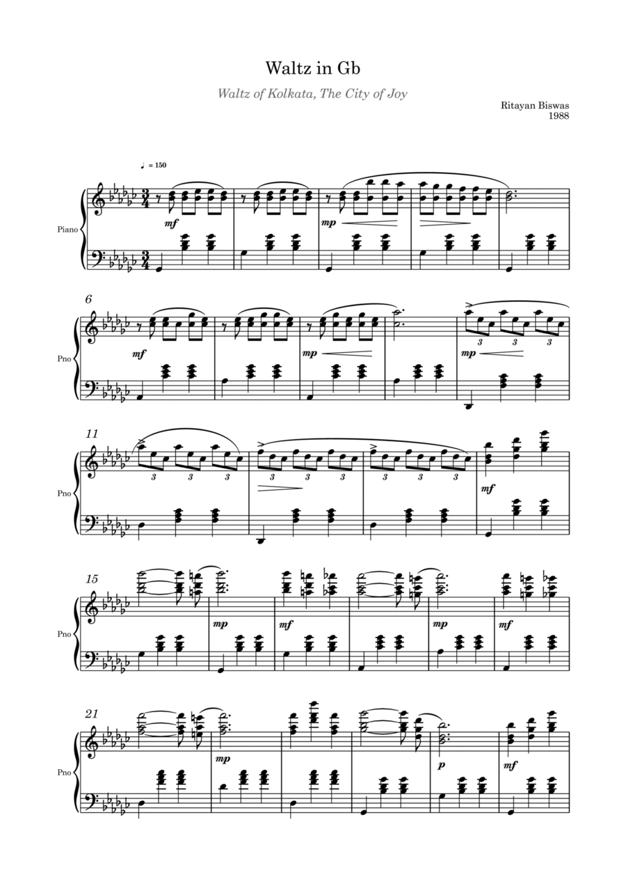 Waltz of Kolkata, The City of Joy (Waltz in G flat major) Piano Solo scores gallery preview page 1
