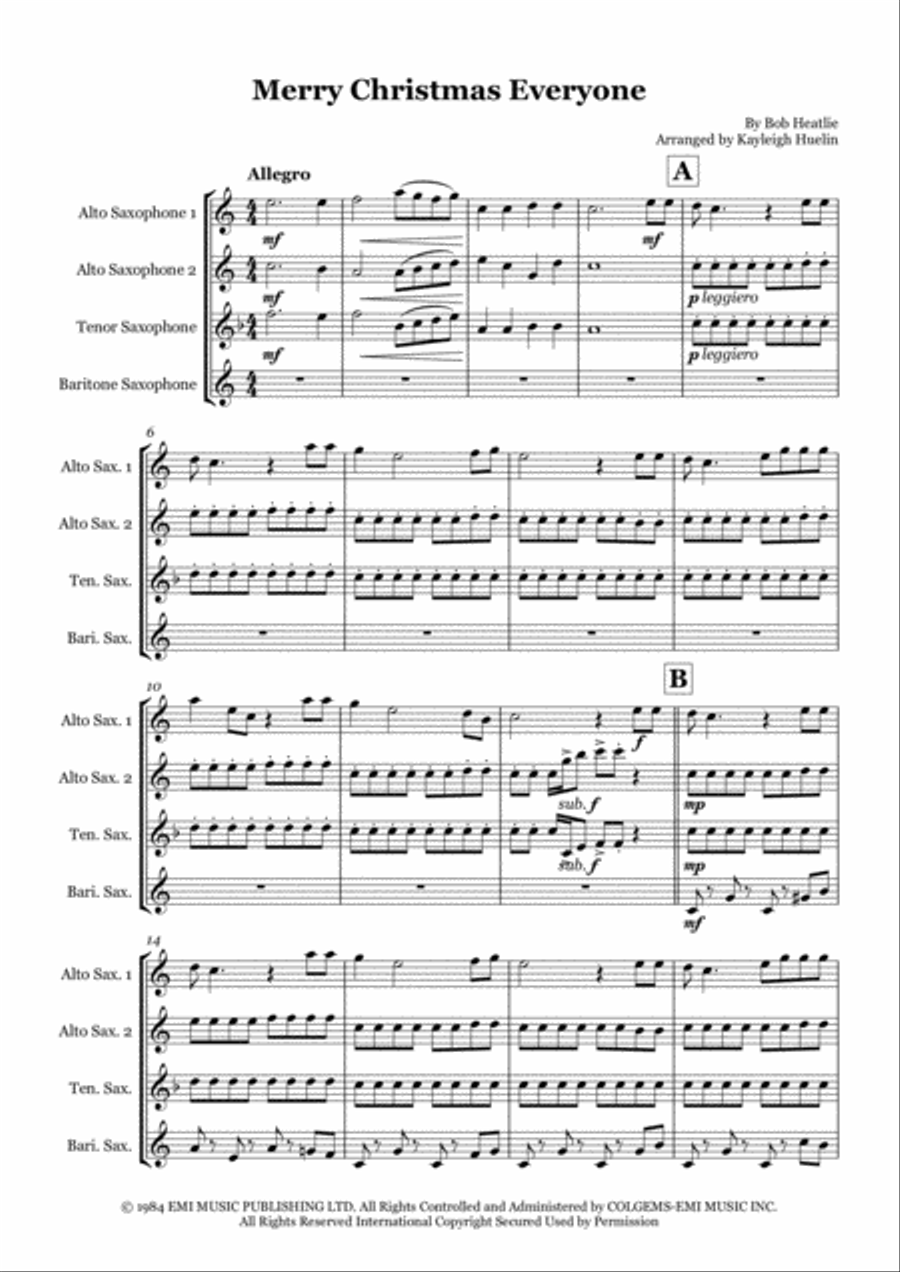 Merry Christmas Everyone Saxophone Quartet scores gallery preview page 1