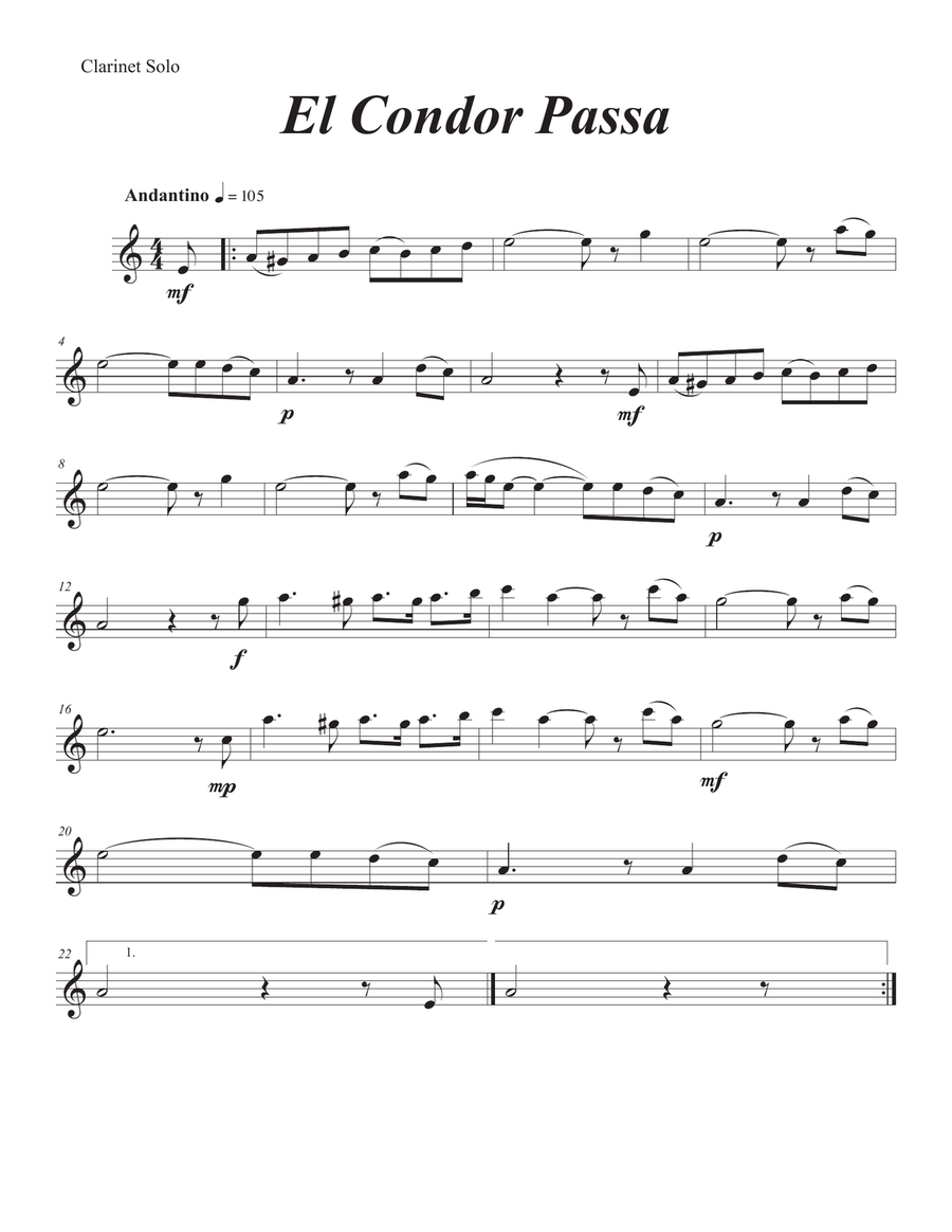 El Condor Pasa B-Flat Clarinet scores gallery preview page 1