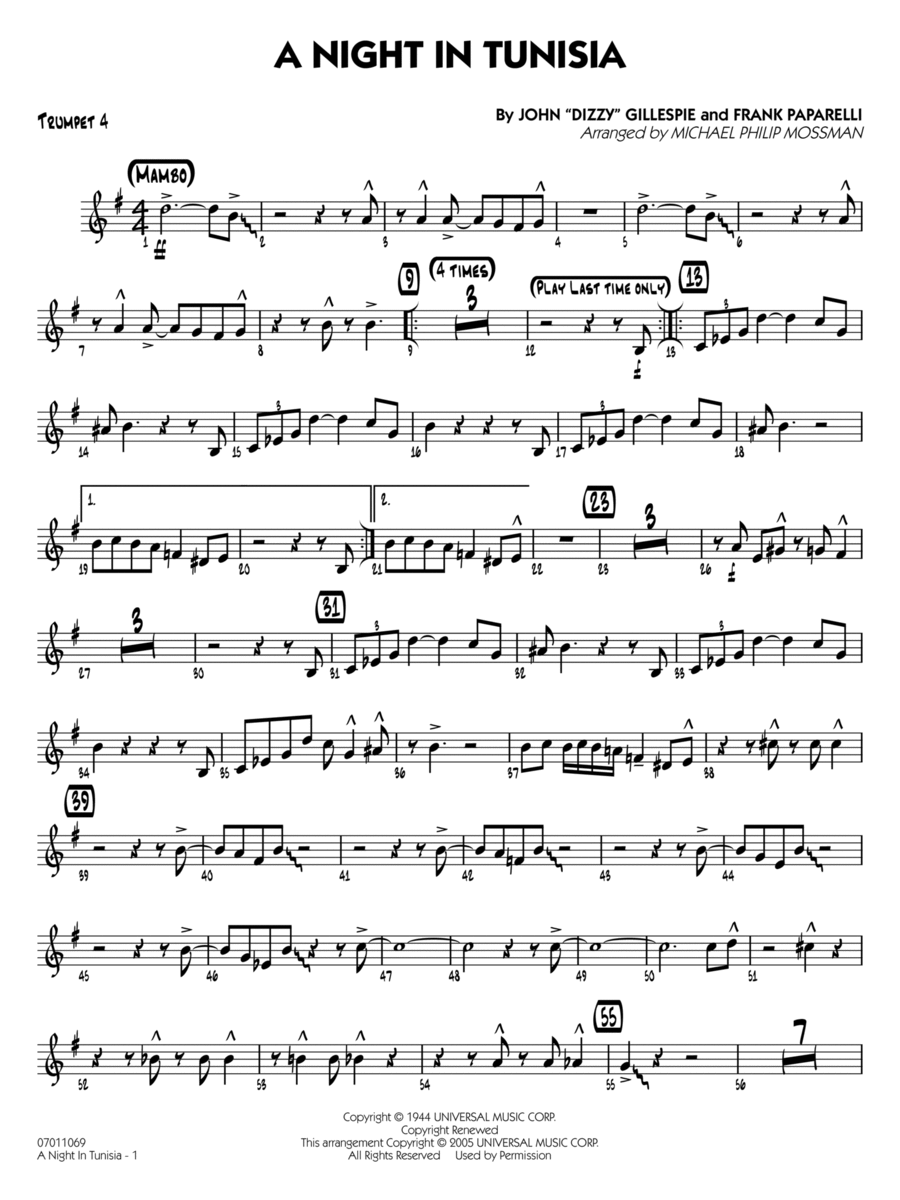 A Night in Tunisia (arr. Mossman) - Trumpet 4 Jazz Ensemble scores gallery preview page 1