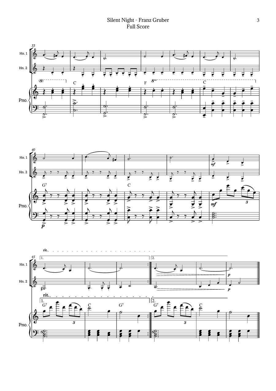 Silent Night for Horn Duet with Piano Brass Duet scores gallery preview page 3
