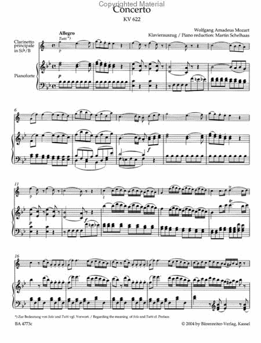 Concerto for B flat Clarinet and Piano KV 622