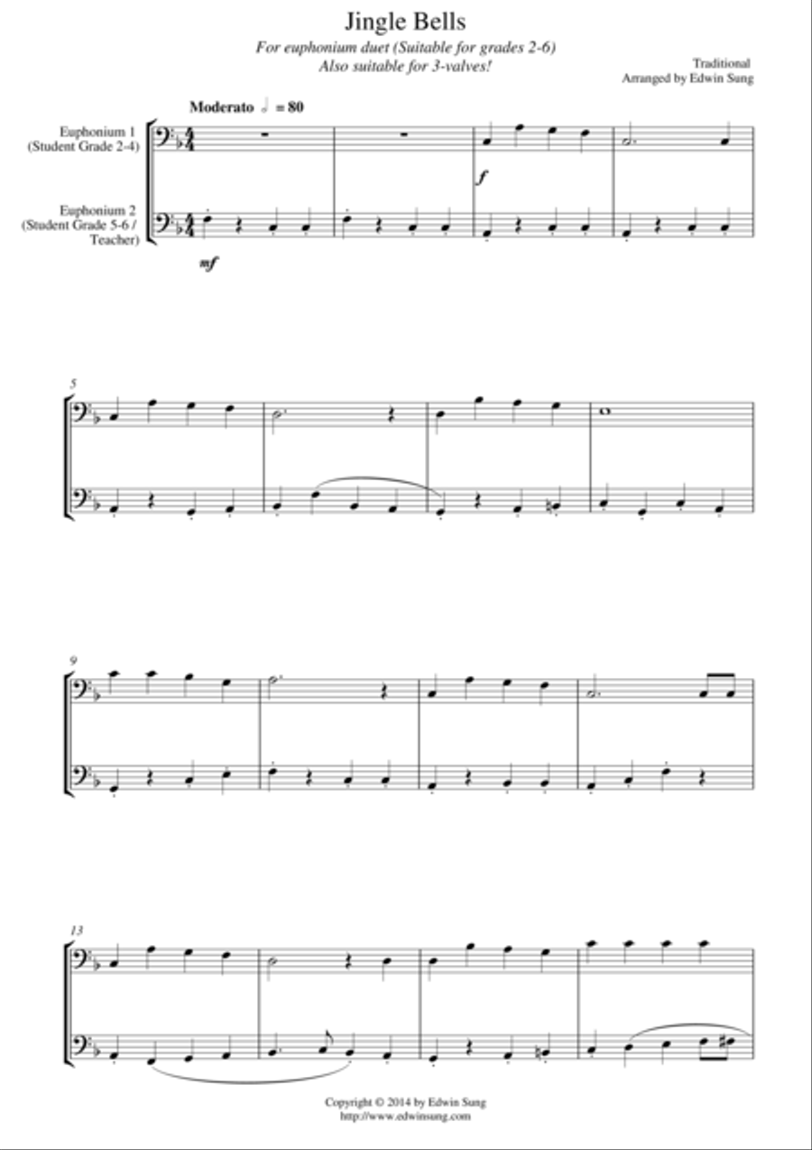 Jingle Bells (for euphonium duet (bass clef, 3 or 4 valved), suitable for grades 2-6) Brass Duet scores gallery preview page 1