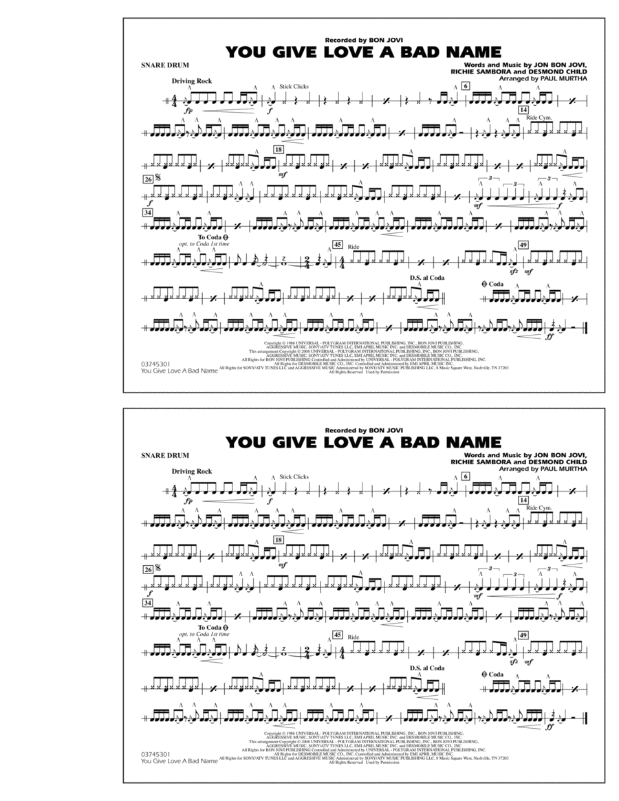 You Give Love a Bad Name - Snare Drum Marching Band scores gallery preview page 1