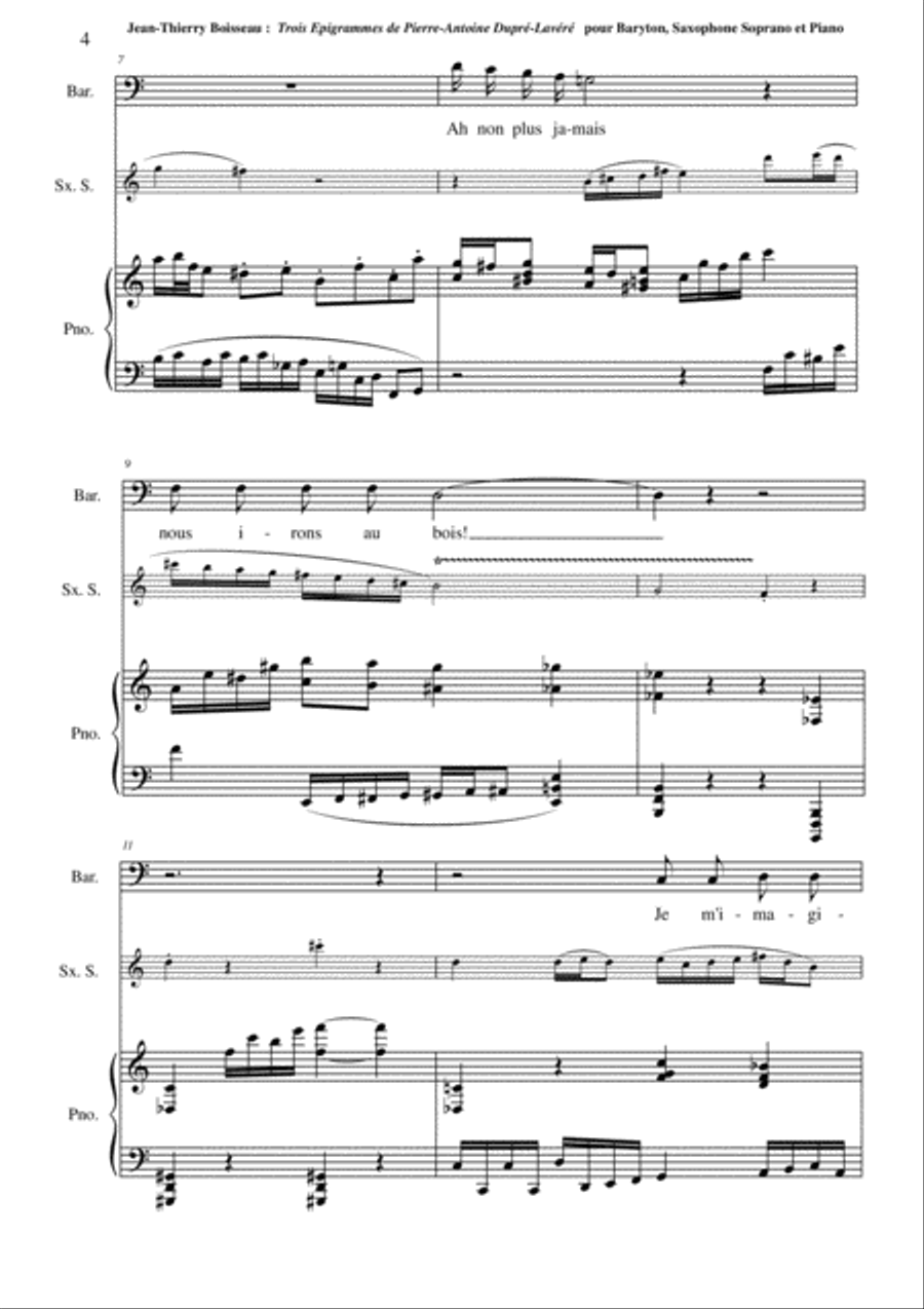 Jean-Thierry Boisseau: Trois Épigrammes de Pierre-Antoine Dupré-Lavaré for baritone, soprano saxopho Small Ensemble scores gallery preview page 4