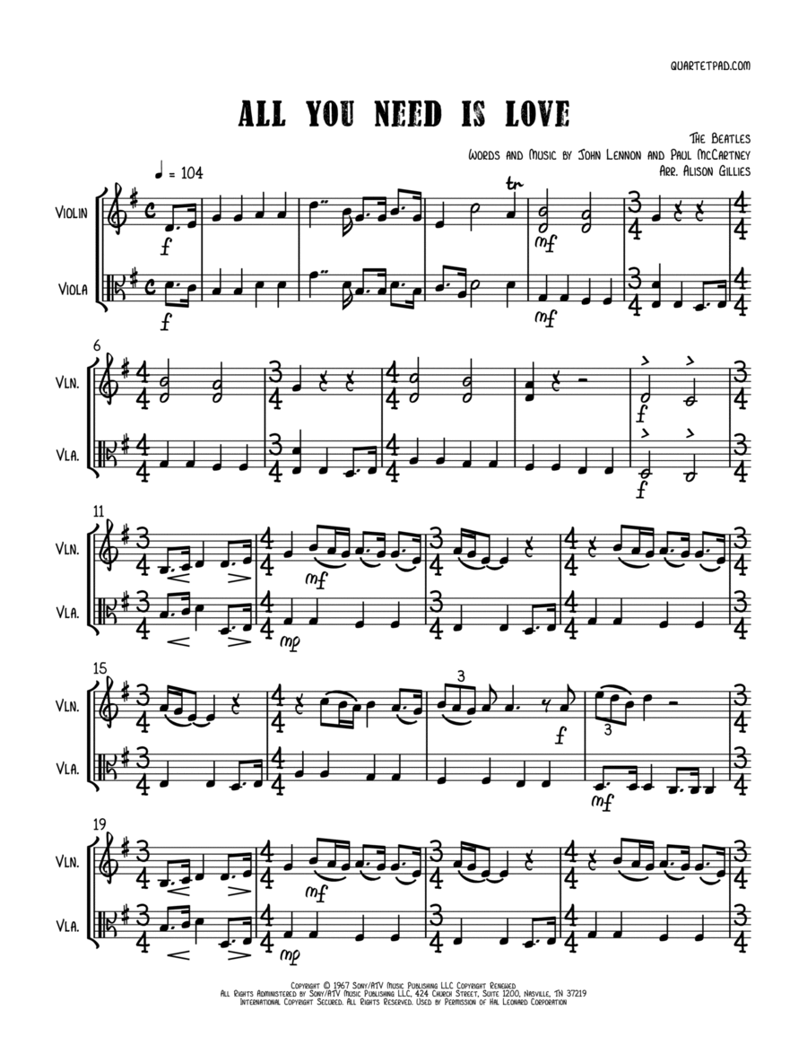 All You Need Is Love String Duet scores gallery preview page 1