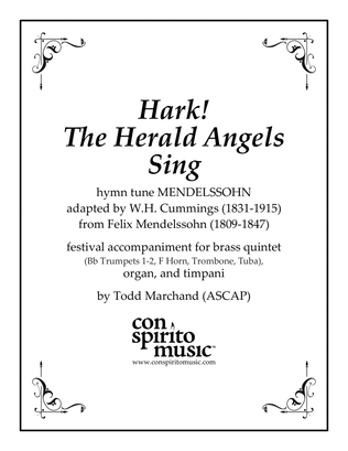 Book cover for Hark! The Herald Angels Sing — festival hymn accompaniment for organ, brass quintet, timpani