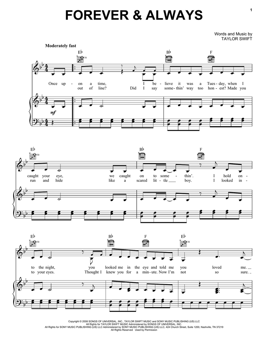 Forever & Always Piano, Vocal, Guitar scores gallery preview page 1