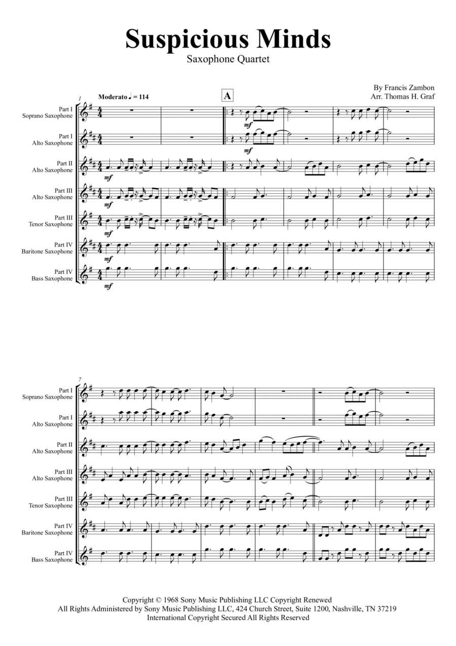 Suspicious Minds Saxophone Quartet scores gallery preview page 1