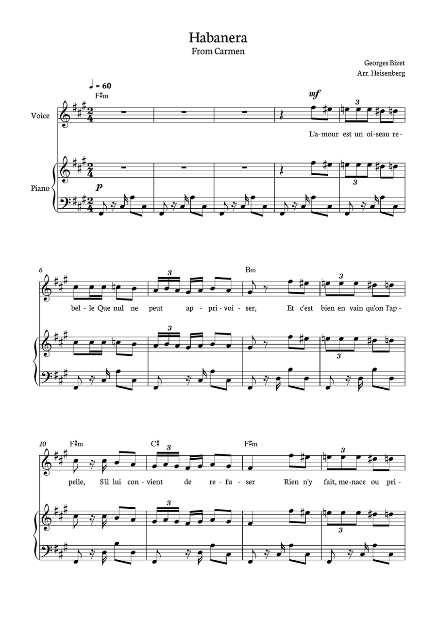 Habanera - Carmen for piano, chords and voice in F# minor. Piano, Vocal scores gallery preview page 1