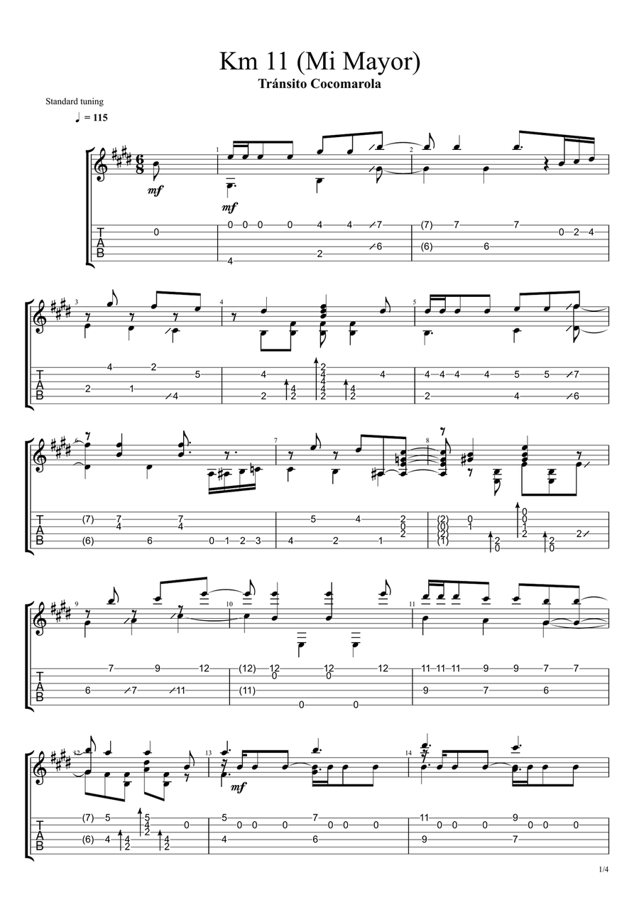 Kilómetro 11 (Chamamé - E Major) Guitar Tablature scores gallery preview page 1