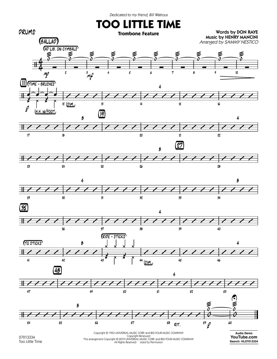 Too Little Time (arr. Sammy Nestico) - Conductor Score (Full Score) - Drums