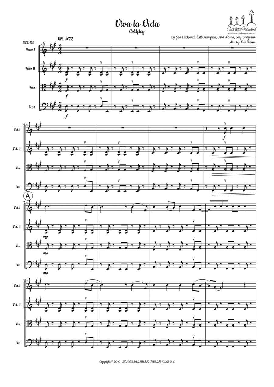 Viva La Vida String Quartet scores gallery preview page 1