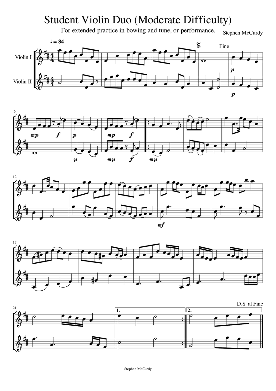 Simple Student's Violin Duet (Moderate Difficulty) String Duet scores gallery preview page 1