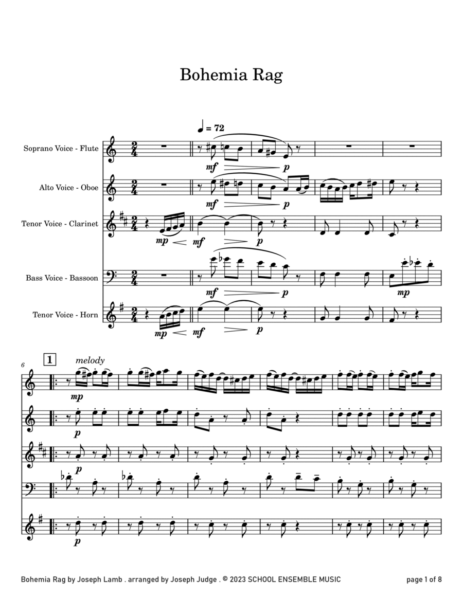 Bohemia Rag by Joseph Lamb for Woodwind Quartet in Schools Woodwind Quartet scores gallery preview page 1