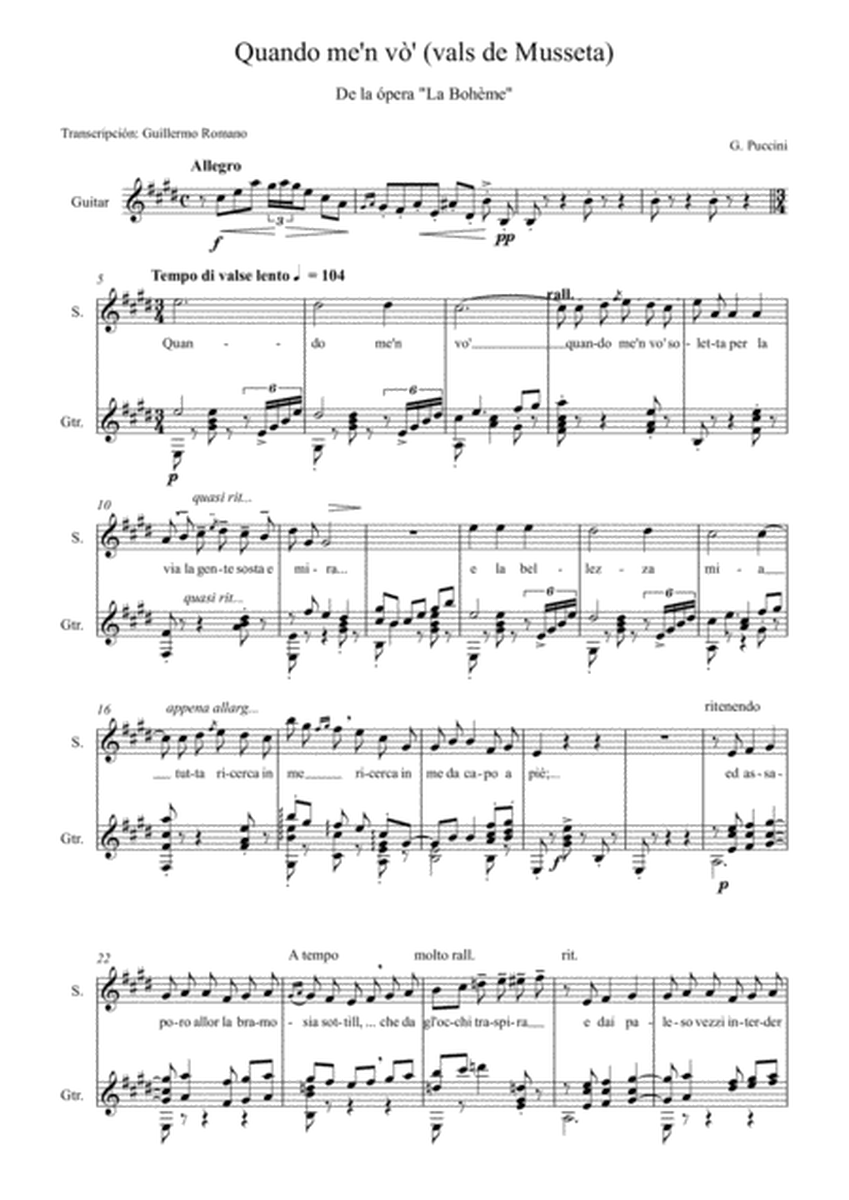 Quando me'n vo' (Musetta's Waltz) - Voice and Guitar