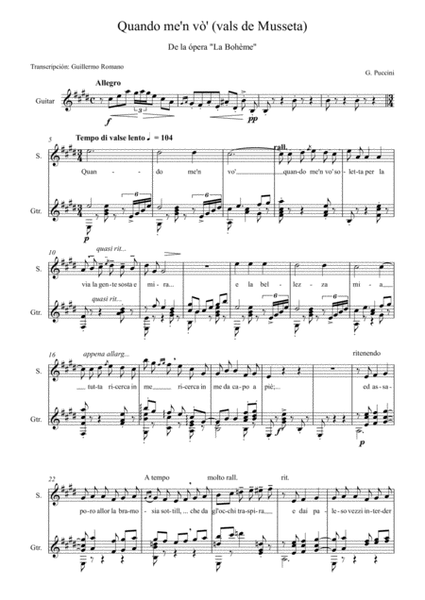 Quando me'n vo' (Musetta's Waltz) - Voice and Guitar