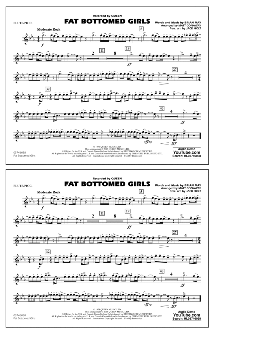 Fat Bottomed Girls - Flute/Piccolo Piccolo scores gallery preview page 1