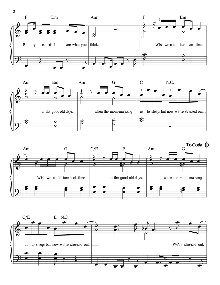 Stressed Out Easy Piano scores gallery preview page 2