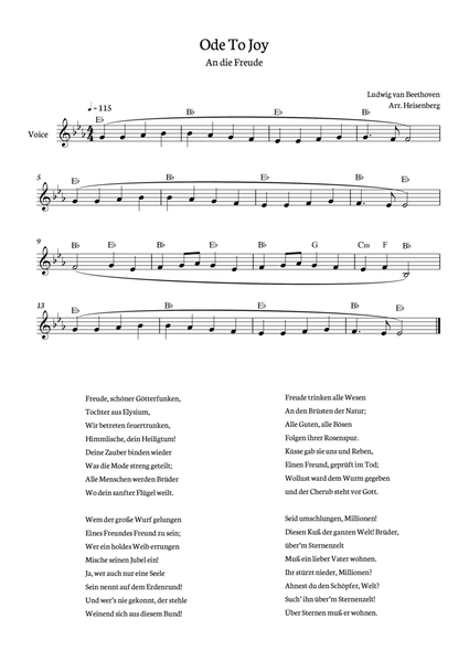 Beethoven - Ode To Joy for voice with chords in Eb (Lyrics in German)  image number null