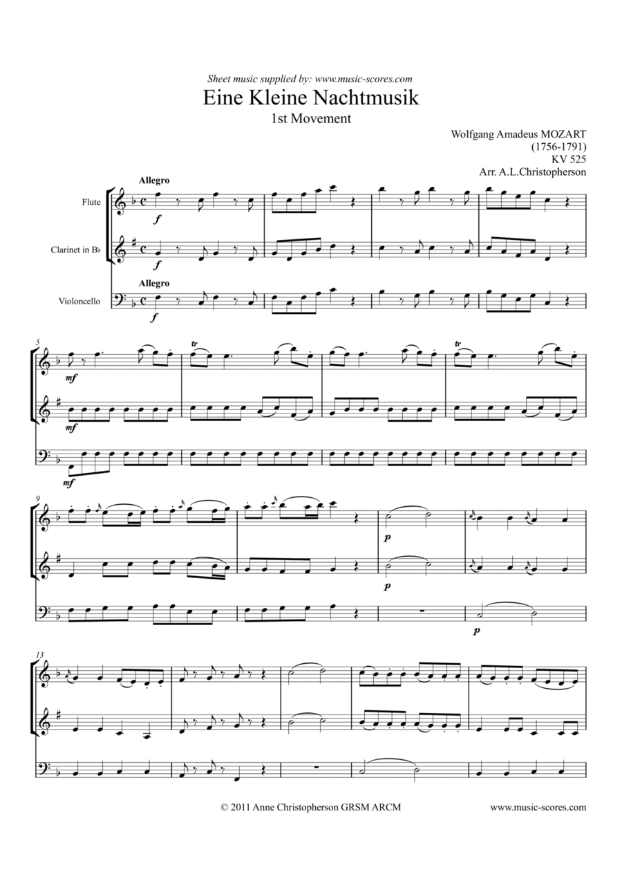 Book cover for Eine Kleine Nachtmusik - Allegro 1st movement - Flute, Clarinet and Cello