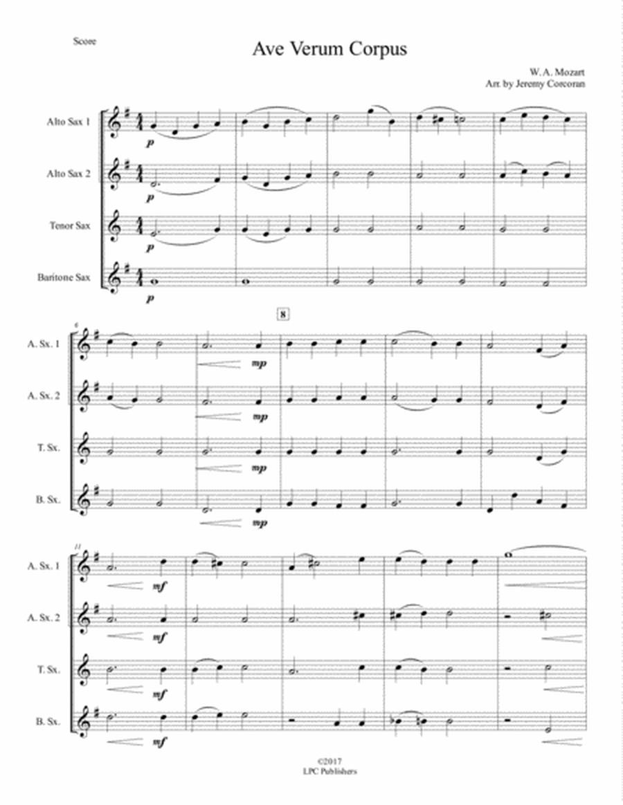 Ave Verum Corpus for Saxophone Quartet (SATB or AATB) image number null