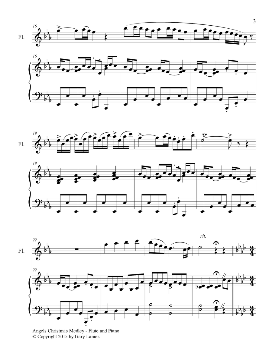 Gary Lanier: ANGELS CHRISTMAS MEDLEY (Duet – Flute & Piano with Parts) Woodwind Duet scores gallery preview page 4