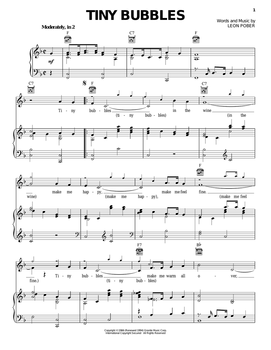 Tiny Bubbles Piano, Vocal, Guitar scores gallery preview page 1