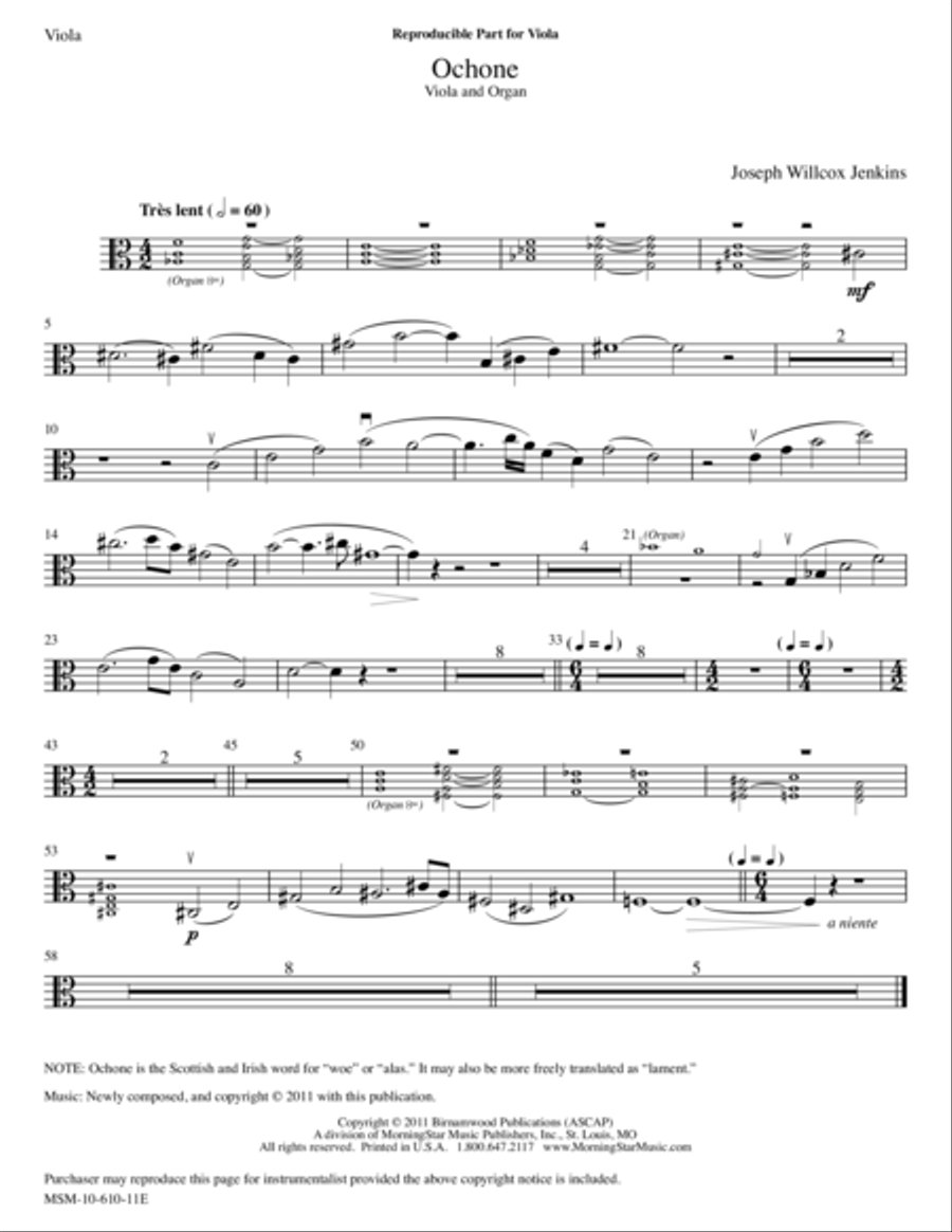 Ochone from Six Pieces for Organ, Volume 2 (Downloadable Downloadable Viola Part) Viola scores gallery preview page 1